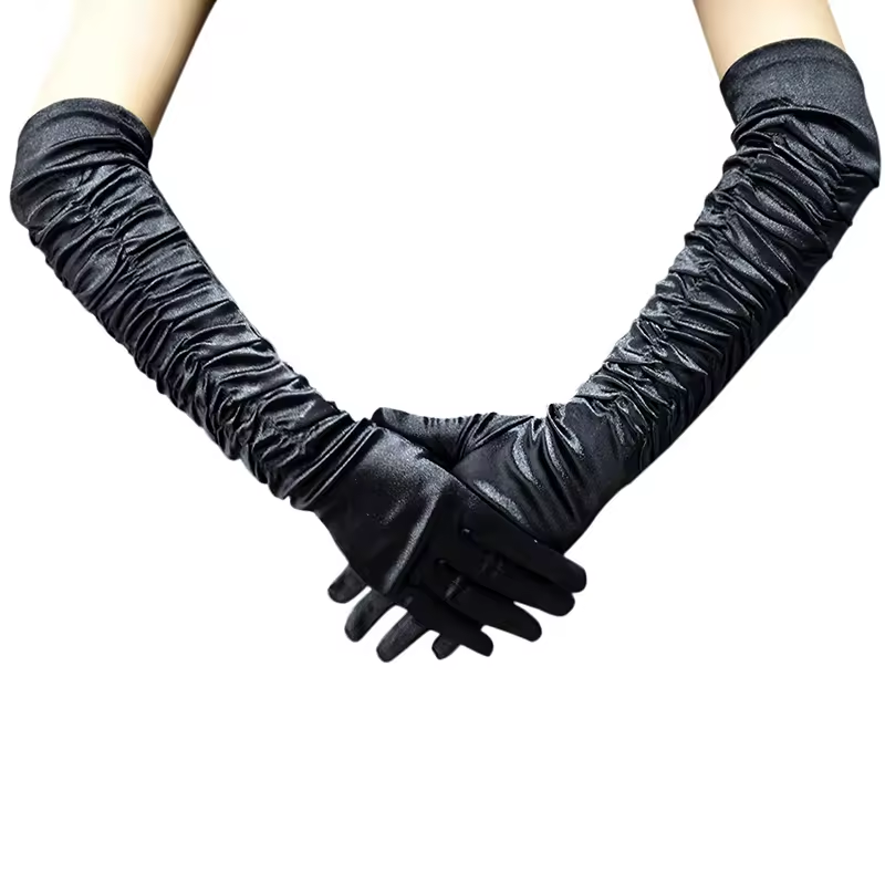 Women Party Gloves Long Sleeve Wrinkled Black White Satin Fabric