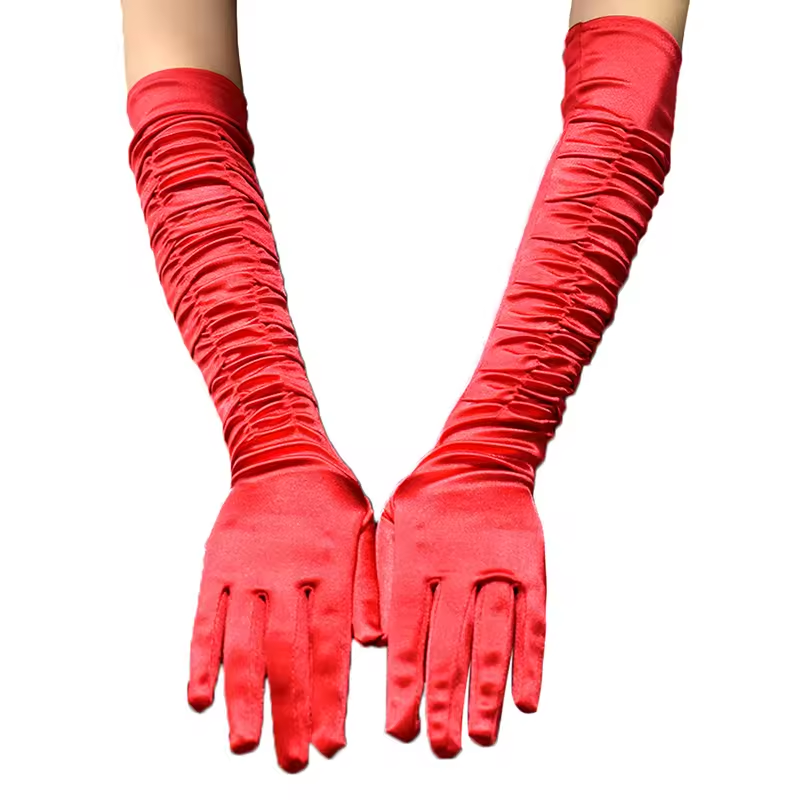 Women Party Gloves Long Sleeve Wrinkled Black White Satin Fabric