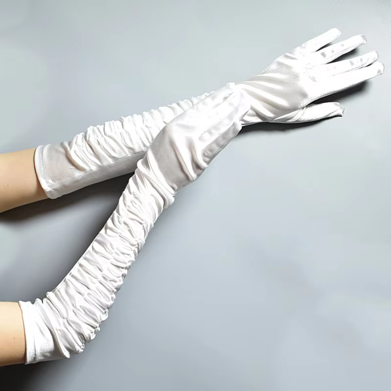 Women Party Gloves Long Sleeve Wrinkled Black White Satin Fabric