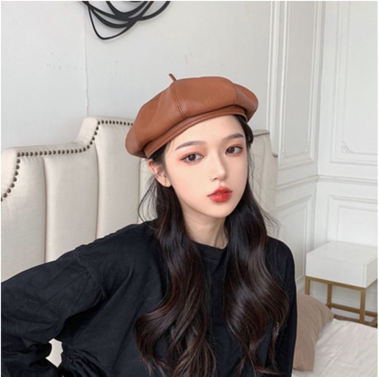 Solid Color PU Beret Hat for painter girls Fashion Leather design