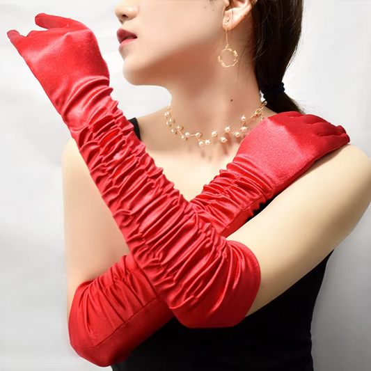 Women Party Gloves Long Sleeve Wrinkled Black White Satin Fabric